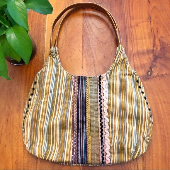 ALDO Y2K Multicolored Strips Corduroy Neutral Tone Festival Roomy Shoulder Bag - Picture 7 of 12